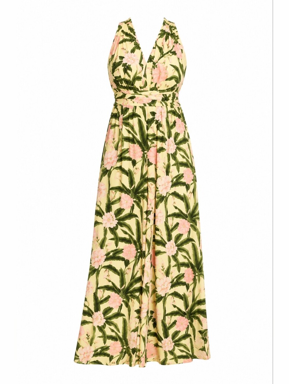 Agua Bendita Yellow Floral Halter Jumpsuit with Pink & Green Print